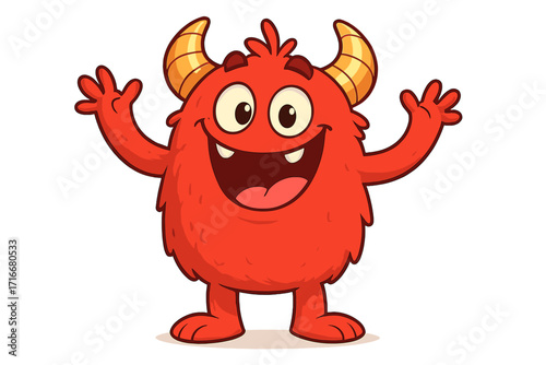Cheerful cartoon red monster with big eyes, smiling happy furry creature with horns, friendly fantasy character illustration for kids, cute monster vector design
