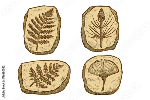 Prehistoric plant fossils set. Ancient fern, ginkgo, and flora leaf imprints on stone. Vintage engraving vector for paleontology, botany, and archeology concepts.