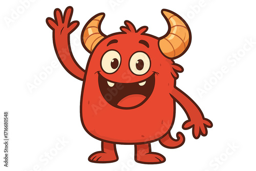 Cheerful red cartoon monster with horns waving hand, cute friendly fantasy creature illustration, happy smiling monster character, funny mythical animal vector art