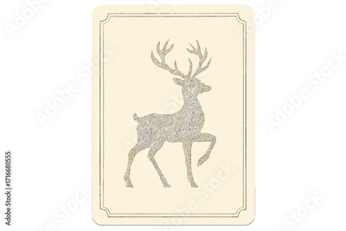 Vintage Christmas greeting card with silver glitter deer silhouette. Elegant, minimalistic holiday decoration element. Framed winter animal vector illustration for festive design.