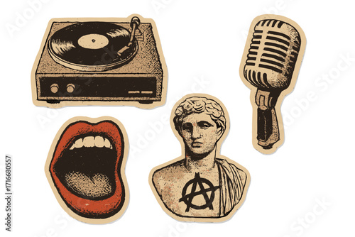 Grungy music halftone collage set. Retro paper cutout elements with record player, vintage microphone, singing mouth and anti-establishment antique statue with anarchy symbol.