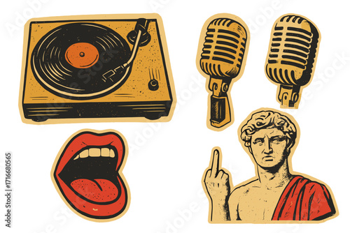 Retro music collage set. Grungy halftone elements. Vintage record player, microphone, singing mouth and anti-establishment statue. Rock and roll punk protest paper cut-out.