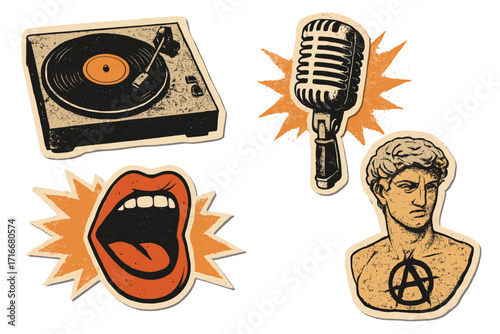 Grungy music collage set with record player, vintage microphone, and singing mouth. Retro paper cut-out elements for punk rock protest and anti-establishment design.