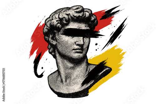Halftone collage of an antique statue in a contemporary punk grunge style. Modern poster with a dotted classic bust and spray paint brush strokes. Urban graffiti concept of rebel, protest.