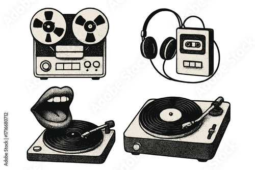 Retro music equipment set with halftone dotted texture, vintage reel-to-reel tape recorder, cassette player with headphones, singing mouth on vinyl turntable, nostalgic audio collage