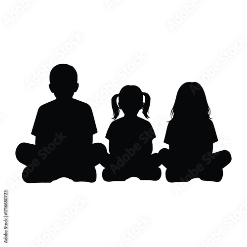 Children sitting cross legged silhouettes black and white