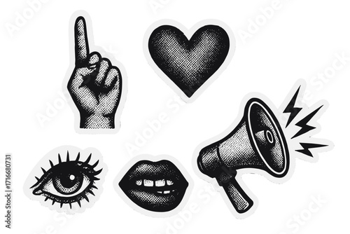 Retro punk collage sticker set. Halftone grunge elements. Hand, heart, eye, mouth, megaphone. Zine culture cutouts. Concept for protest, communication, love, social media icon.