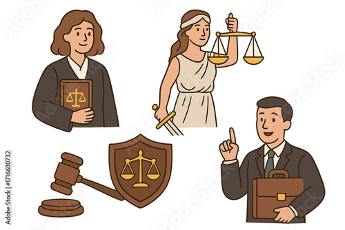 Legal justice concept with lawyer, judge, scales of justice, gavel, and briefcase in cartoon style. Law symbols, courtroom, legal advice, court defense, lawyer profession illustration