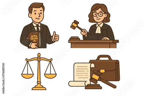 Legal system concepts set with lawyer male carrying justice book, female judge with gavel, scales of justice, legal documents and briefcase, law and order vector illustration