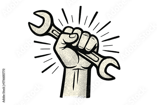 Labour Day concept with hand holding a wrench. 1st May workers day poster. Fist symbol of power, revolution and protest. Vintage vector illustration for international holiday.
