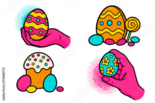 Pop art Easter illustration set. Hand holding painted egg. Vector cartoon collection for egg hunt concept. Y2k style holiday sweets, candy, cake and decorative eggs.