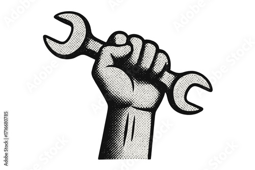 Labour Day Mayday concept. Raised fist holding a wrench. Worker's power, strength, solidarity, and protest. Mechanic and industry symbol. Retro halftone propaganda vector art.