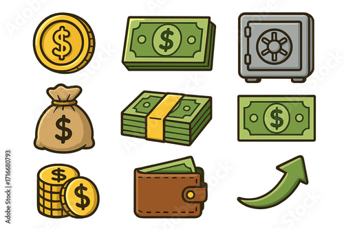 Set of financial icons and symbols vector cartoon illustration, including gold coins, dollar bills, money bag, wallet, safe, and upward arrow, money concept, finance and banking elements