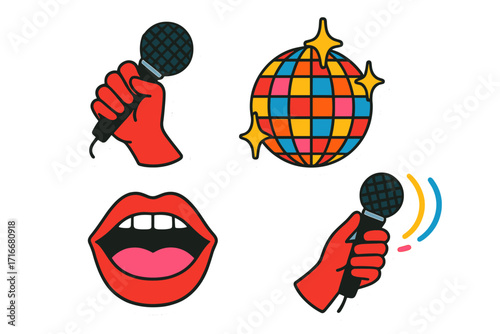 Happy New Year 2026 groovy disco party sticker set. Retro karaoke night elements. Vector hand holding microphone, singing mouth, and colorful 70s mirror ball illustration.