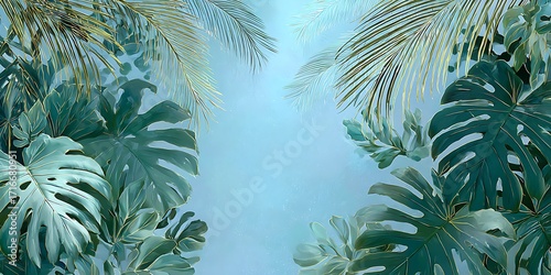 Tropical leaves frame on light blue background, monstera and palm leaves, summer design, copy space, top view, flat lay, pastel colors