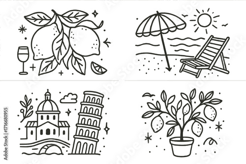 Italy travel doodle icon set. Hand drawn vector line art collection for Italian vacation posters. Summer elements, lemon, beach, Pisa tower, Rome. La dolce vita sketch.