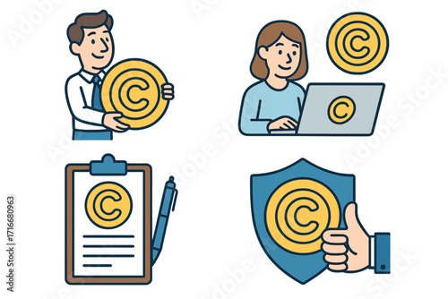 Copyright protection concept with businessman, woman using laptop, contract document with copyright symbol, shield security and thumbs up, intellectual property security