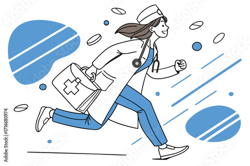 Busy female doctor running to help patients conveying urgency and care in a modern hospital setting