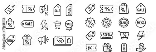 Collection of sale and discount symbols in a simple black and white design for shopping promotions