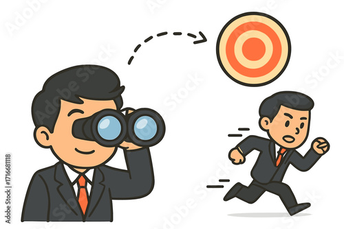 Businessman with binoculars tracking competitors and running towards target, competitive strategy concept, vector cartoon illustration with transparent background, pursuit of goals