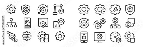 Many gears represented as icons displaying various concepts of technology, mechanics, and workflow organization