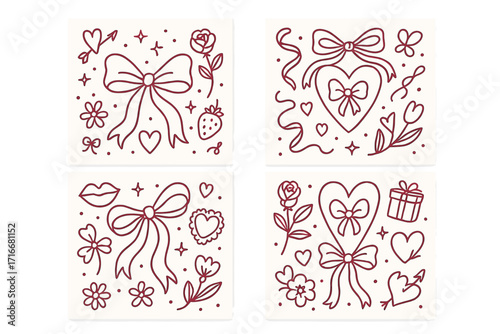 Coquette aesthetic romantic greeting cards set. Valentines Day line art covers with girly doodle elements. Bows, ribbons, hearts and flowers. Abstract invitation design vector.