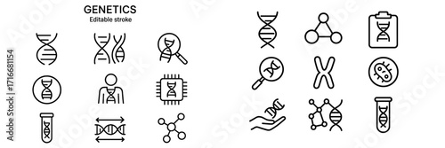 Various icons representing genetics including DNA, microscopes, and laboratory equipment for scientific understanding