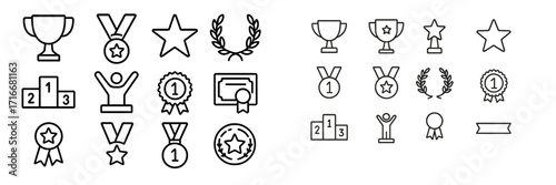 Icons of achievement featuring trophies, medals, stars, and awards displayed in a clear layout for design purposes or recognition events