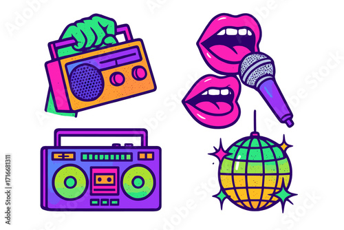 Retro music party elements set. Halftone collage for design. Hand holding radio, singing mouths, karaoke microphone, boombox, mirror ball. Trendy modern y2k neon grunge pop art.