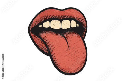 Pop art mouth with tongue out. Retro halftone texture lips illustration. Vintage comic style punk rock icon. Sexy female mouth with teeth. Grunge collage element for design.