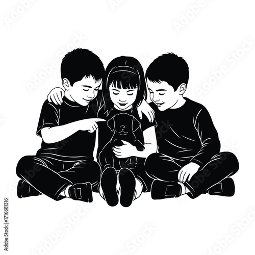 Children with puppy embrace siblings affection