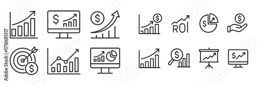 Business growth and finance icons showcasing trends, data analysis, and investment strategies in a modern design