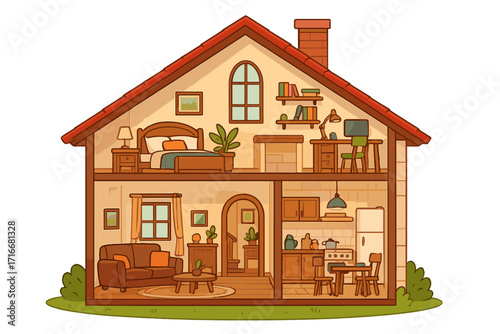 House in cross-section. Cozy home interior with furniture. Cutaway view with living room, kitchen, bedroom, and home office. Cartoon vector illustration of a house plan.