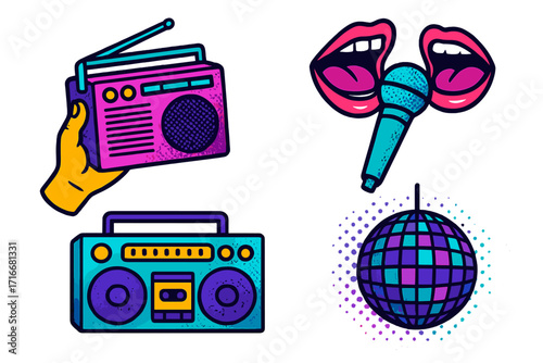 Music collage elements set for retro party design. Hand holding radio, mouths singing karaoke, boombox, mirror ball. Trendy modern y2k neon 80s 90s grunge illustration.