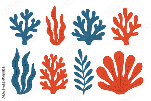 Flat hand drawn corals and seaweed botanical vector illustration. Underwater flora, sea plants collection. Cartoon naive art clipart. Vintage red and blue marine plant design elements.