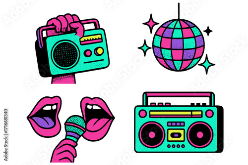 Retro music party icon set. Halftone collage with boombox, hand holding radio, singing mouths, karaoke microphone, and disco ball. 80s 90s y2k grunge vector elements.