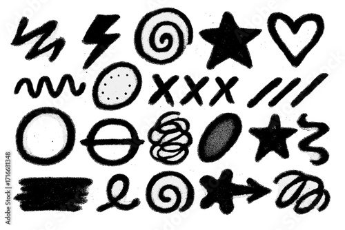 Urban sprayed graffiti doodle punk and grunge shapes collection. Hand drawn abstract scribbles, scrawls, stars, swirls, lightning bolts, hearts, lines, creative various shapes icons for design.