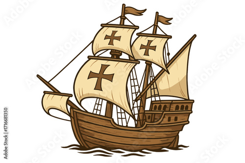 Vintage caravel ship with sails and crosses, historical sailing vessel vector cartoon illustration, old wooden explorer ship with flags, maritime navigation concept