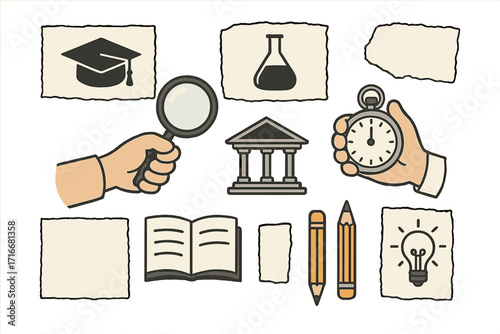 Education and learning icon set on torn paper for collage. Back to school concept with university, research, science, and idea symbols. Retro halftone vector illustration.
