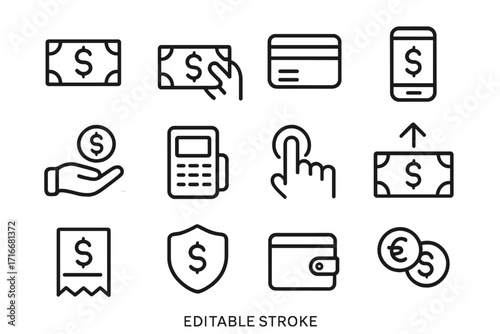Collection of simple financial icons representing transactions, payments, and money management tools for digital and physical use