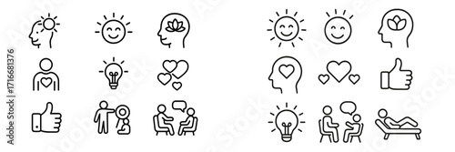 Icons representing mental health, well-being, and positive thinking in minimalist design style