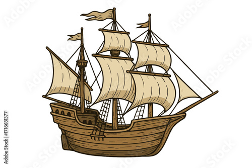 Vintage wooden caravel sailing ship vector illustration with full sails, old maritime vessel, classic explorer ship cartoon drawing, transparent background