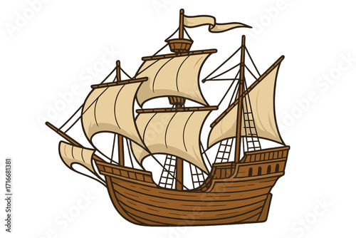 Vintage Caravel Sailing Ship Vector Cartoon Illustration with Classic Wooden Hull and Full Sails, Historic Maritime Vessel, Old Sailing Boat with Flags and Ropes, Nautical Design