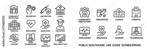 Health care icons collection showing various aspects of community protection, vaccination, and telemedicine services