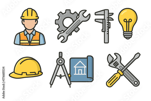 Construction and Engineering Tools Icons Set. Worker with Hard Hat, Gear with Wrench, Caliper, Light Bulb, Blueprints, Compass, Screwdriver and Wrench Vector Cartoon Illustration, Equipment Symbols