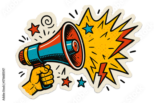 Pop art collage sticker with hand holding a megaphone. Retro loudspeaker announcing promotions or news. Comic style vector illustration with torn paper edges for alert.