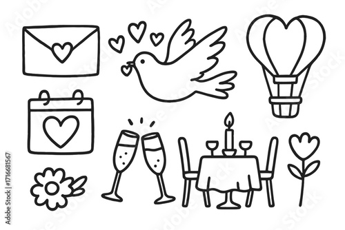 Hand drawn romantic doodle clipart set for Valentine's Day. Cute linear vector icons of love letter, dove, hot air balloon, romantic dinner, and champagne for a date or wedding.