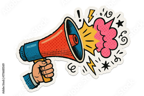 Pop art comic sticker of hand holding megaphone. Loudspeaker announcing crazy promotions and news. Retro doodle for advertising, marketing and communication. Torn paper collage.
