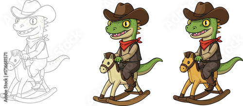 Cartoon cowboy lizard riding wooden horse toy, green reptile in hat and scarf, cute animal character children illustration playful fun