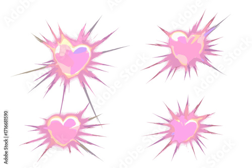 Set of pink hearts with prism light flare effect in motion. Abstract vector illustration of a lovely light overlay with the warm shine of crystal glass and a shiny glow.
